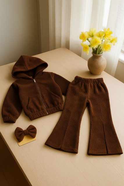 ست سویشرت و شلوار مخمل کبریتی همراه گل سر