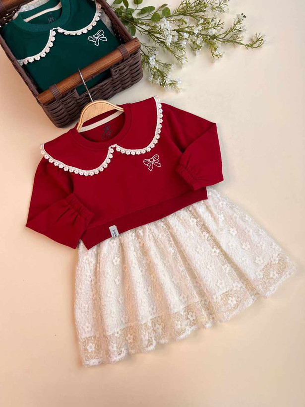 پیراهن یلدایی دورس و دانتل مدل پریا رنگ زرشکی