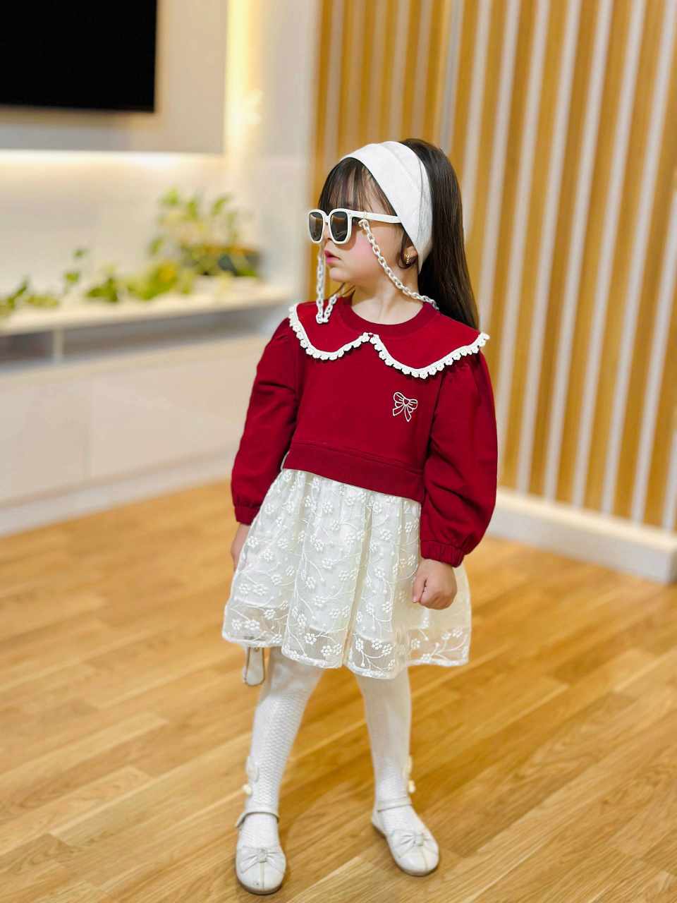 پیراهن یلدایی دورس و دانتل مدل پریا رنگ زرشکی