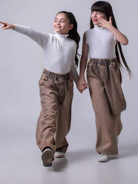 شلوار بگ جین قهوه ای نگین کار شده