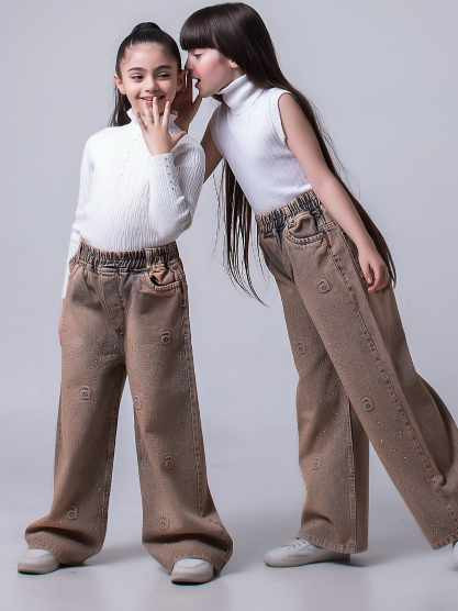 شلوار بگ جین قهوه ای نگین کار شده